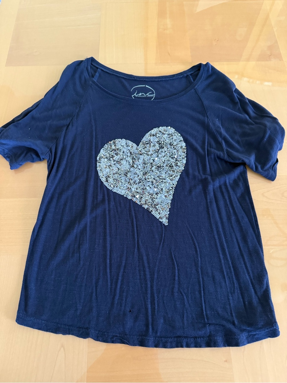 INC International Concepts Navy Sequin Heart Tee Women’s M